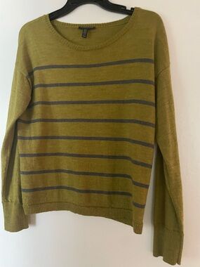 Eileen Fisher Olive Green Scoop-Neck Striped Italian Merino Sweater size PSPP